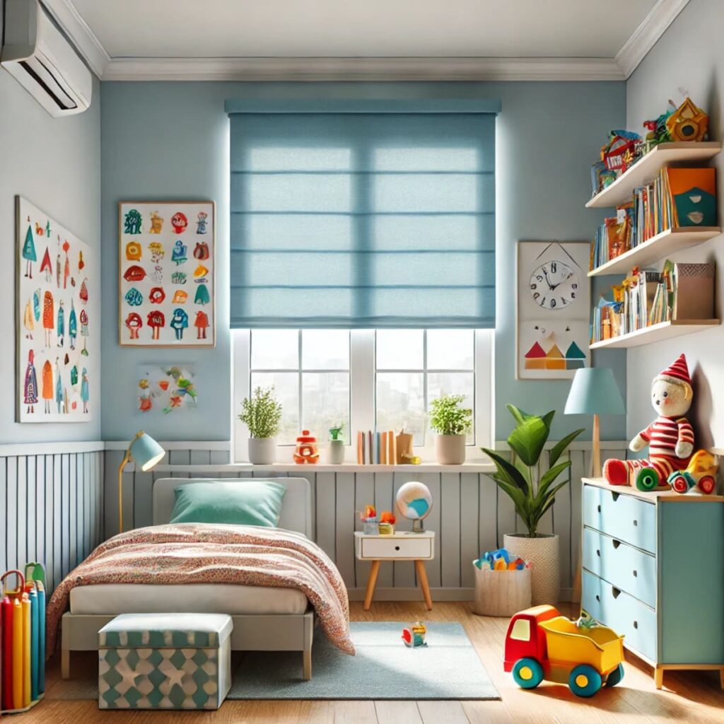 habitación infantil con estores de colores lisos